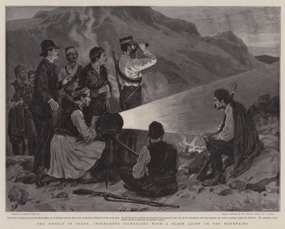 La Révolte en Crète, Insurgés signalant avec une lumière sur la montagne - Frank Dadd